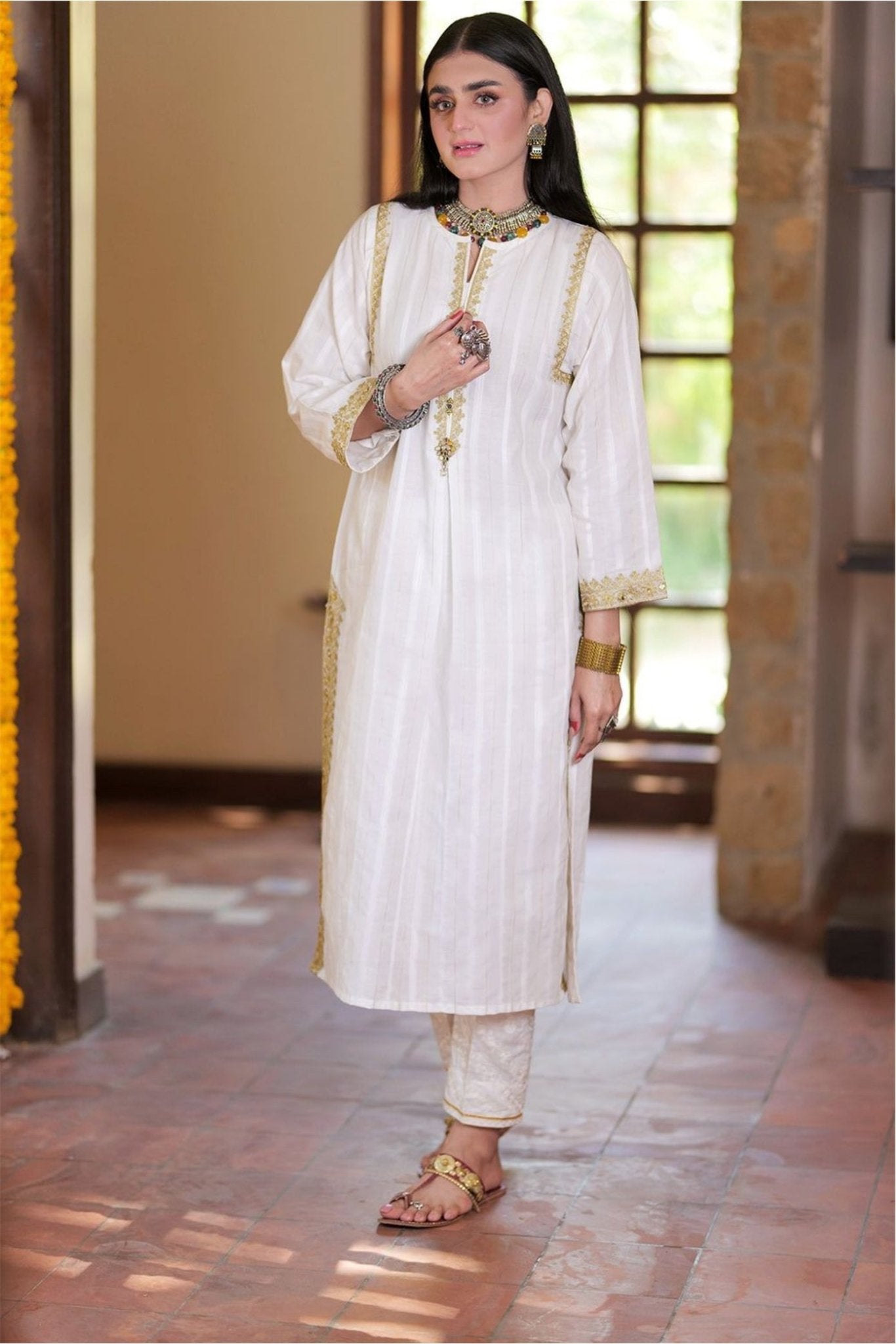 Elegant White & Gold Embroidered Kurti – Women